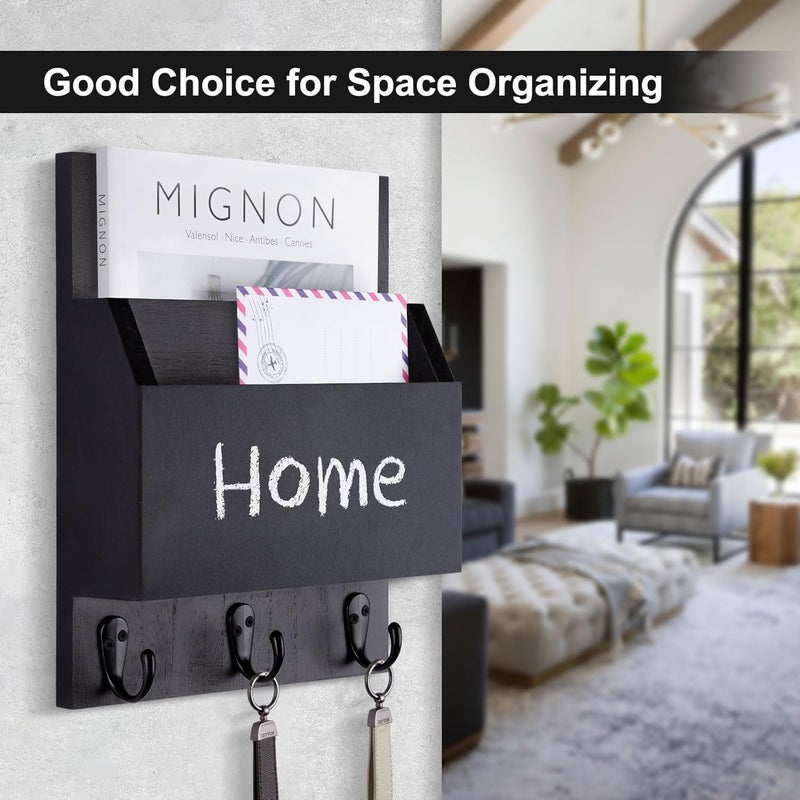 Lucundm Key and Mail Holder for Wall Mount, Entryway Mail Holder with 2 Slot, Key Holder with 3 Sturdy Hooks for Coat, Dog Leash, Decorative Key Rack (8.86”W x 11.42”H x 3”D) (Black) - Image 2